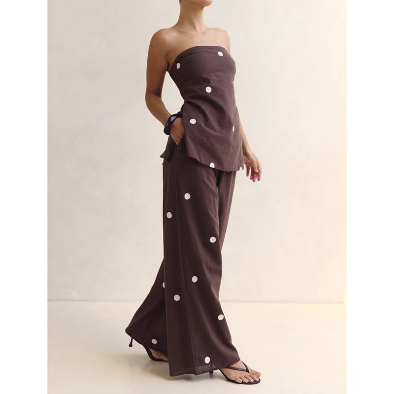 Polka Dot Print Outfits Set Smocked Backless Strapless Tube Tops+Elastic High Waist Wide Leg Pants