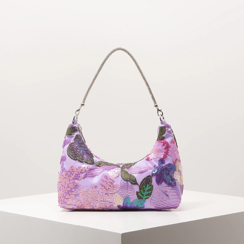 Floral Embroidered Sequin Shoulder Bag For Women Crescent Shape Evening Purse