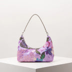 Floral Embroidered Sequin Shoulder Bag For Women Crescent Shape Evening Purse