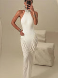Elegant Backless Halter Ruched Long Dress With Striped Detailing