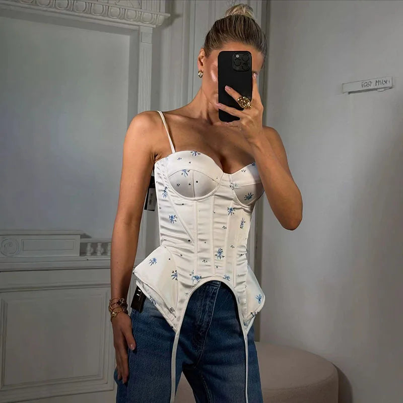 Romantic Floral Corset Cami Top With Sweetheart Neckline And Irregular Hem For Summer