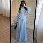 Flare Sleeve Maxi Dress With Ruffle Detail O Neck High Waist Pleated