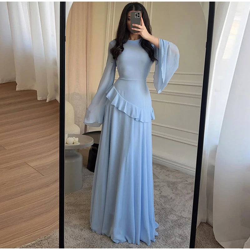 Flare Sleeve Maxi Dress With Ruffle Detail O Neck High Waist Pleated