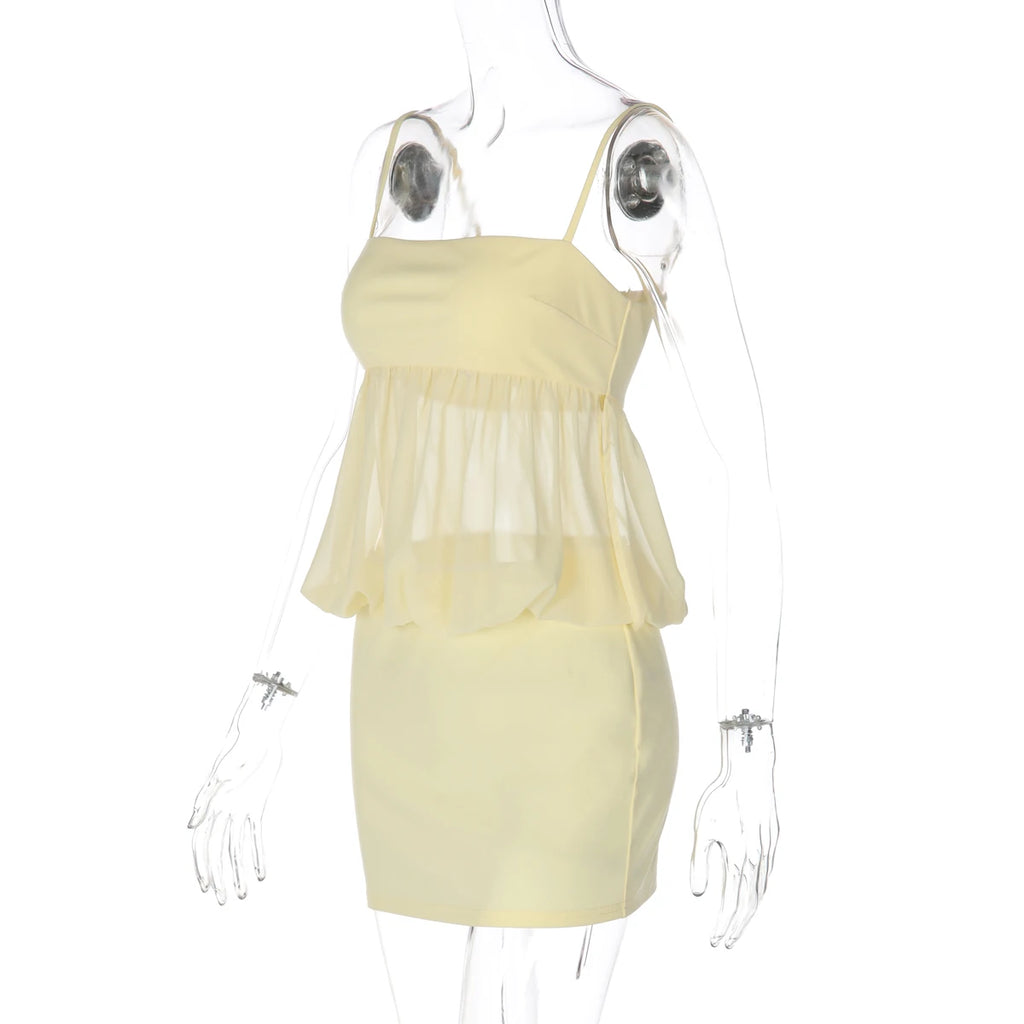 Backless Chiffon Patchwork Suspender Mini Dress With Sheer Panels