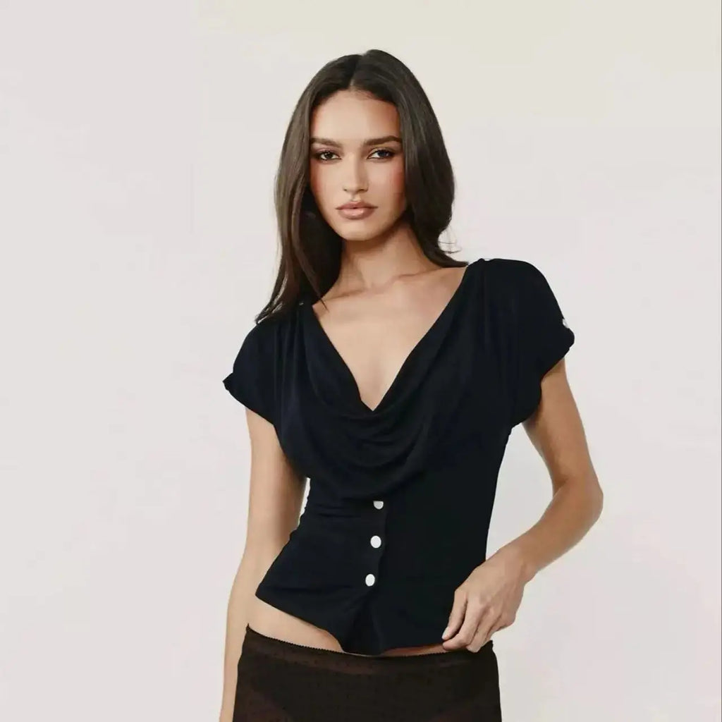 Waisted One-shoulder Irregular Cut Short-sleeved Top