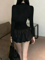 Black Long Sleeve Dress With High Collar And Puffy Silhouette