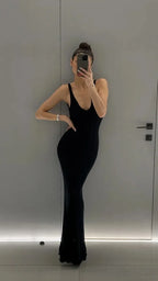 Backless Knit Maxi Dress With V Neck Sleeveles Long Gown