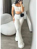 Sexy Slim Two Piece Set For Women Short Sleeve Square Collar Top High Waist Pants
