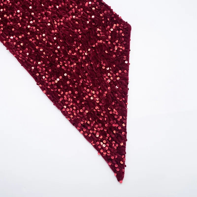 Sequin Patchwork Strapless Mini Dress Off Shoulder With Scarf Collar And Pleated Waist Cinch
