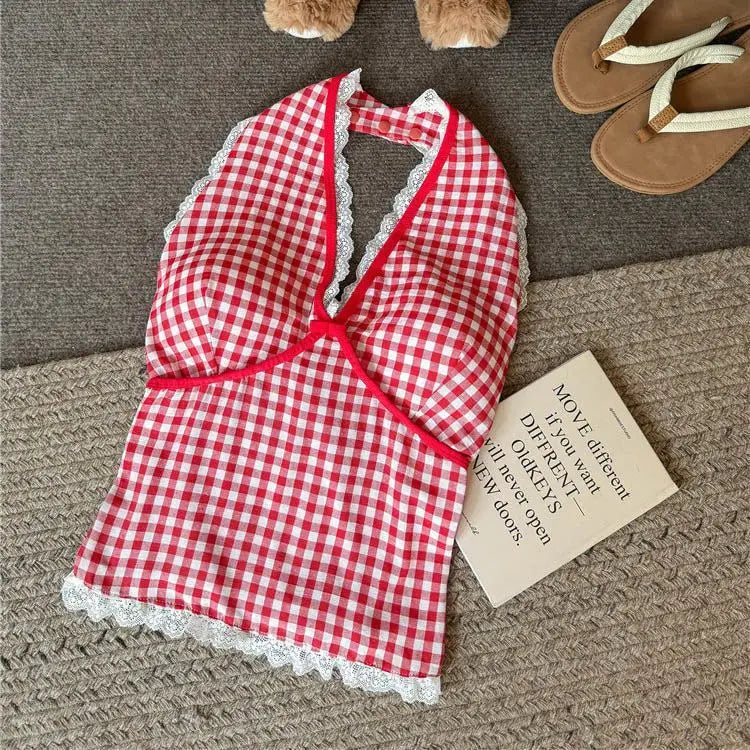 Halter Neck Bow Plaid Crop Top With Shirred Back For Women Cute Fashion Blouse