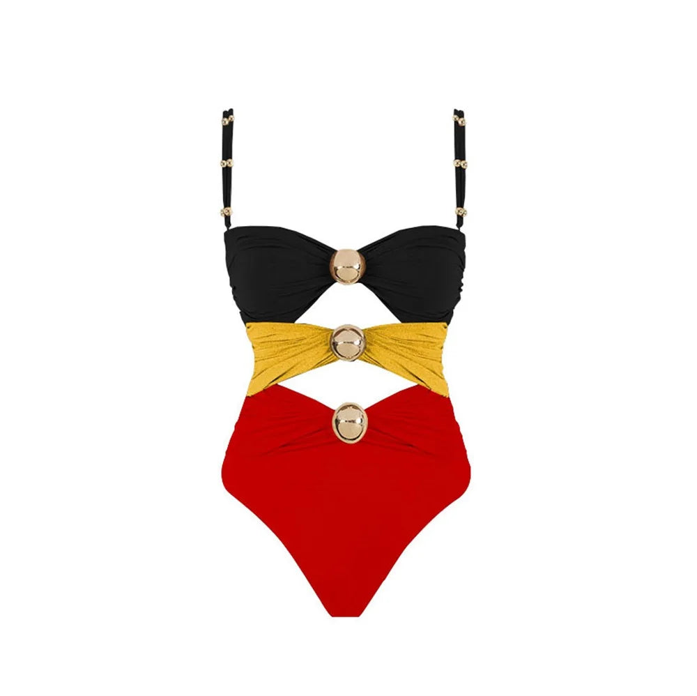 Off Shoulder Patchwork Belted One Piece Swimsuit With Cover Up for Beachside