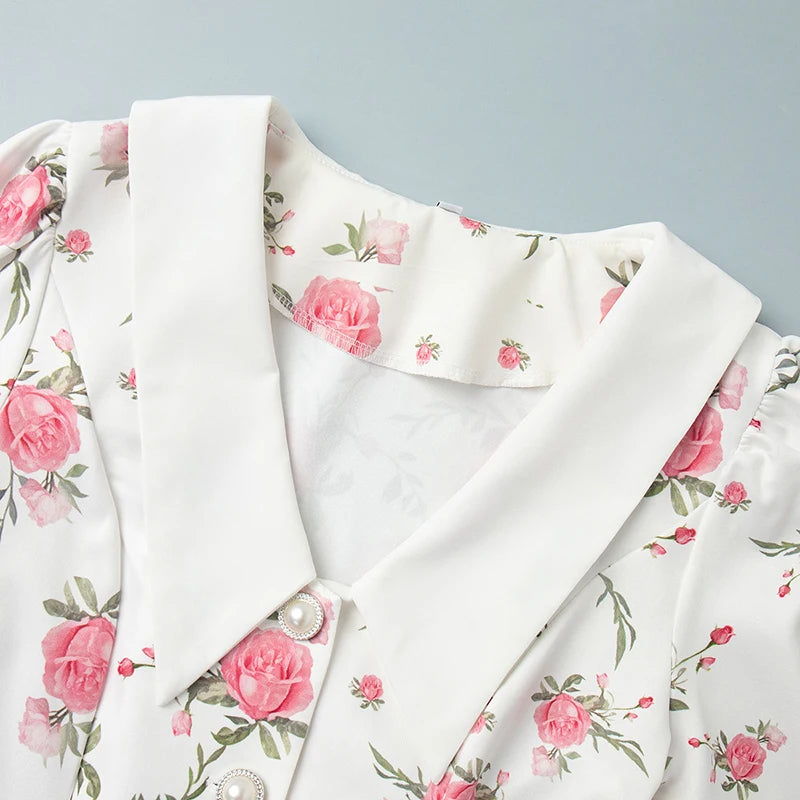 Puff Sleeves Ruffled Mini Dress With Pearl Buttons
