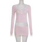 Y2K Hot Girl Lace Hem 2 Piece Set Fashion Bow Long Sleeve Crop Top & Bodycon Mini Skirt Matching Suits