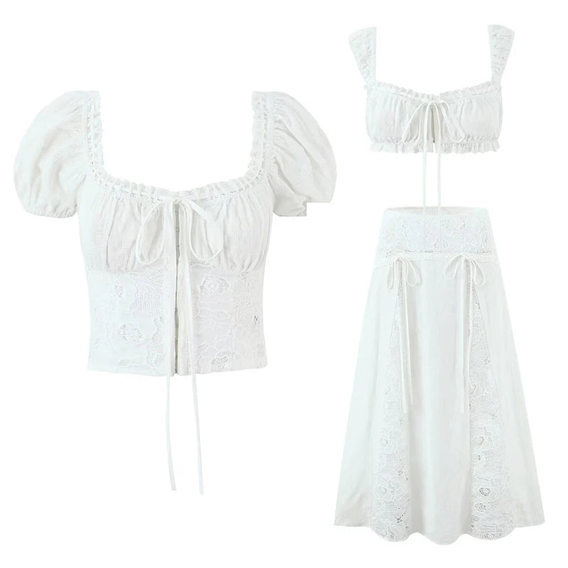 Romantic Lace Patchwork Off Shoulder Puff Sleeve Crop Top