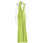 Deep V-Neck Backless Ruched Maxi Dress Halter Gown