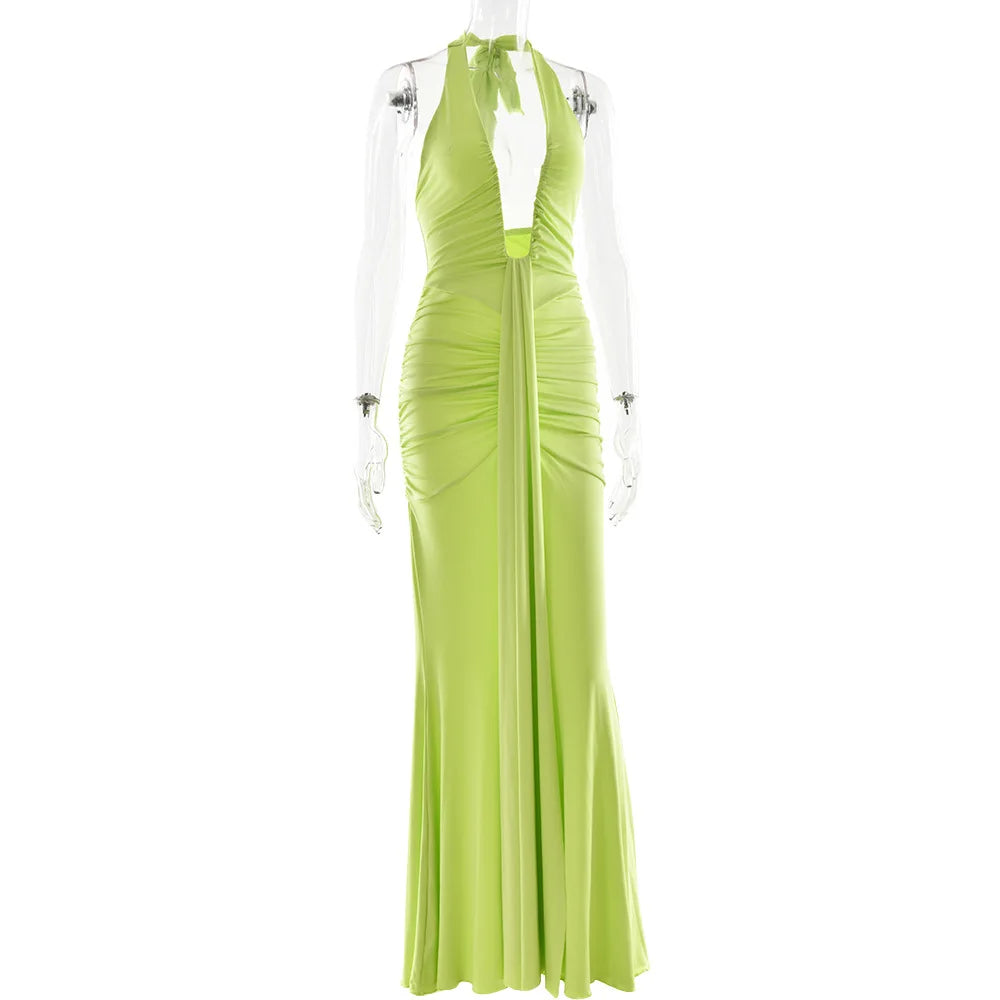 Deep V-Neck Backless Ruched Maxi Dress Halter Gown