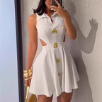 Solid Color Pleated High-Waist A-Line Dress