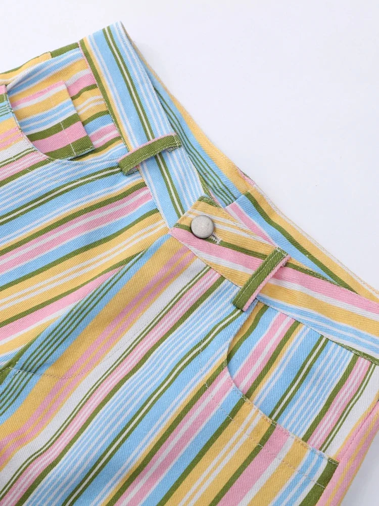Vivid Multicolor Stripe Wide Leg Jeans With Pockets Low Waist Denim Trousers