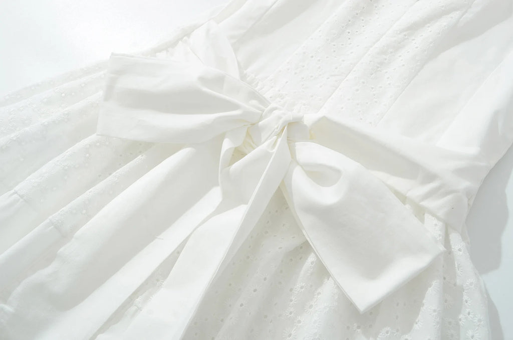 Vintage Bowknot White Dress With Square Collar Cotton Hollow Out