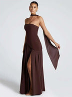 Elegant Off-Shoulder Evening Gown With Patchwork Pleats And Scarf Neck High Split Long Dress