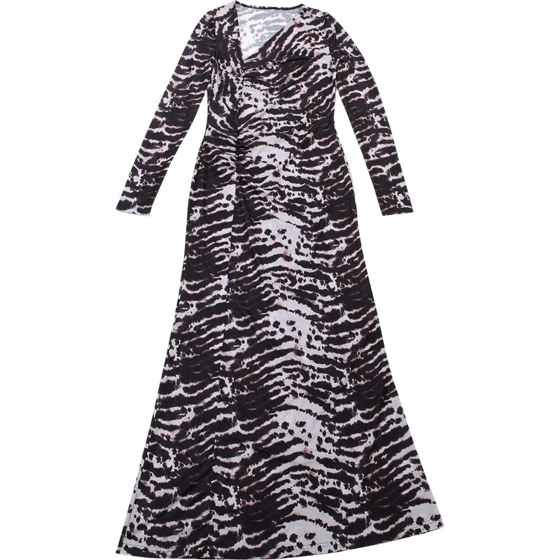 Patchwork Long Dress With Asymmetric Shoulder And Slim Stretch