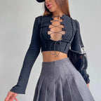 Cross Tie Strap Hollow Out Midriff Top With Long Sleeves