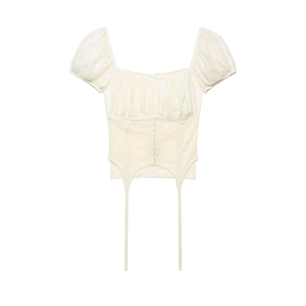 Female Slim Fit Square Neck Puff Sleeve Lace Ruched Corset Waist Short Blouse