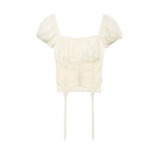 Female Slim Fit Square Neck Puff Sleeve Lace Ruched Corset Waist Short Blouse