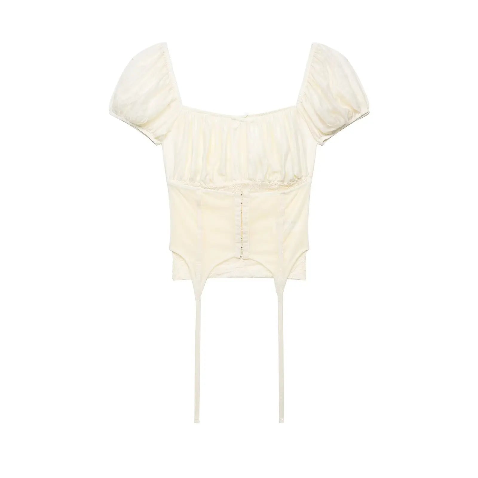Female Slim Fit Square Neck Puff Sleeve Lace Ruched Corset Waist Short Blouse