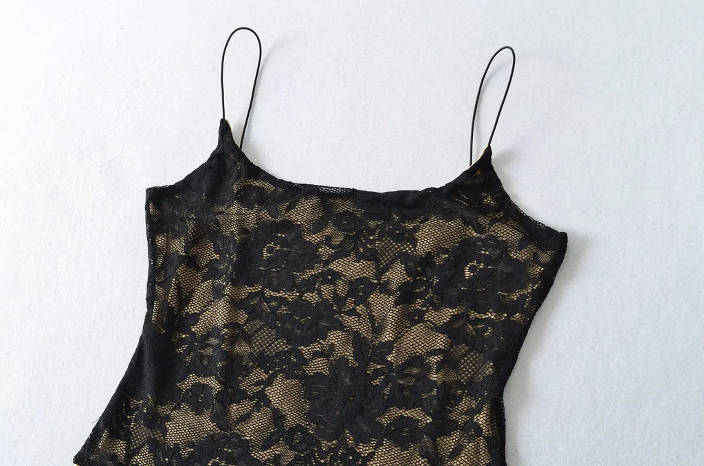 Sexy Lace See Through Bodysuit With Lining Elastic Spaghetti Straps Slim Fit