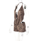 Tiger Print Halter Top Beachwear Set With Backless Detail And Lace Up Slim Fit Shorts