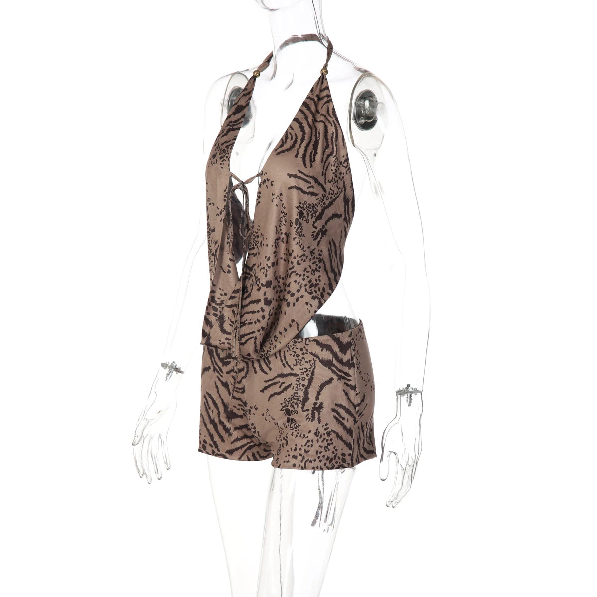 Tiger Print Halter Top Beachwear Set With Backless Detail And Lace Up Slim Fit Shorts