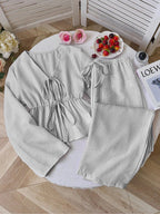 Striped Lace Up Two Piece Set V Neck Top And Elastic Waist Pants