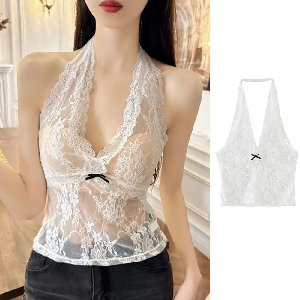 Mesh Lace Halter Vest Floral Camisole With Lace Up Detail