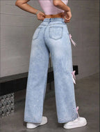 Street Chic Bowknot Denim Jeans With Loose Straight Wide Leg Silhouette In Washed Finish