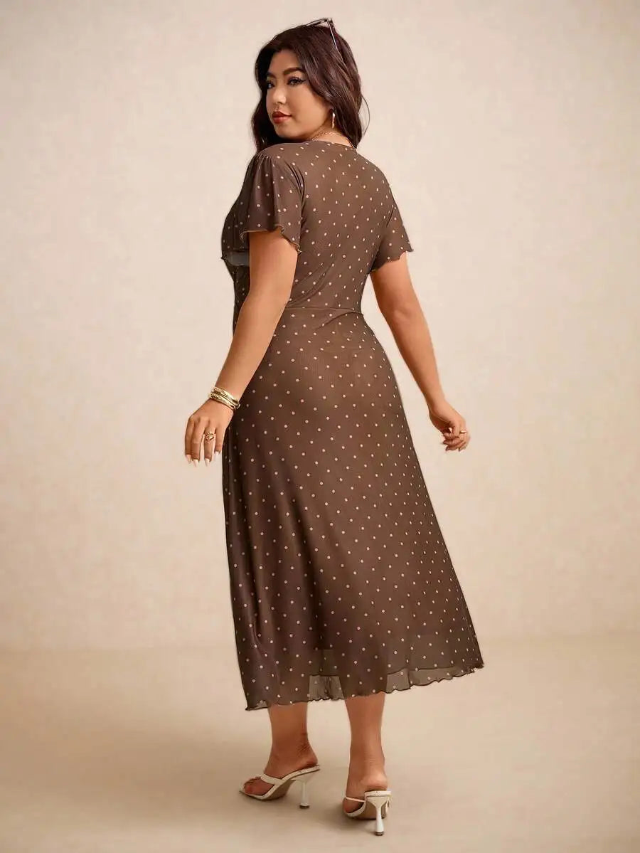 Plus Size Vintage Polka Dot Wrap Dress With V Neck And Short Sleeves Knee Length