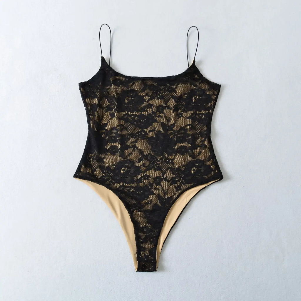 Sexy Lace See Through Bodysuit With Lining Elastic Spaghetti Straps Slim Fit