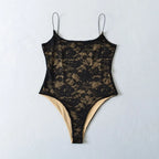 Sexy Lace See Through Bodysuit With Lining Elastic Spaghetti Straps Slim Fit