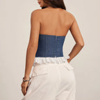 Denim Strapless Corset Top With White Lace Trim Front Lace Up Bow Sweetheart Bustier Crop Top