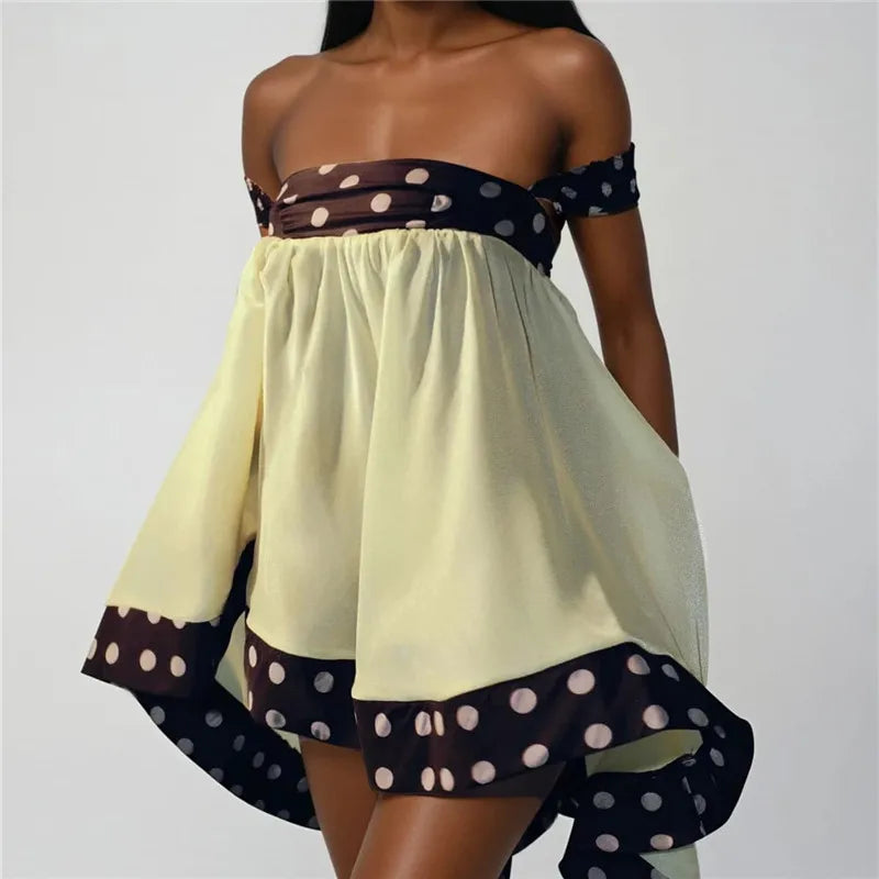 Polka Dot Patchwork Dress With Ruffled Hem Slash Neck Sleeveless Backless Chic Bodycon
