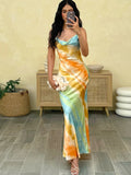 Colorful Swing Collar Maxi Dress With Metal Chain Backless
