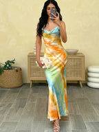 Colorful Swing Collar Maxi Dress With Metal Chain Backless