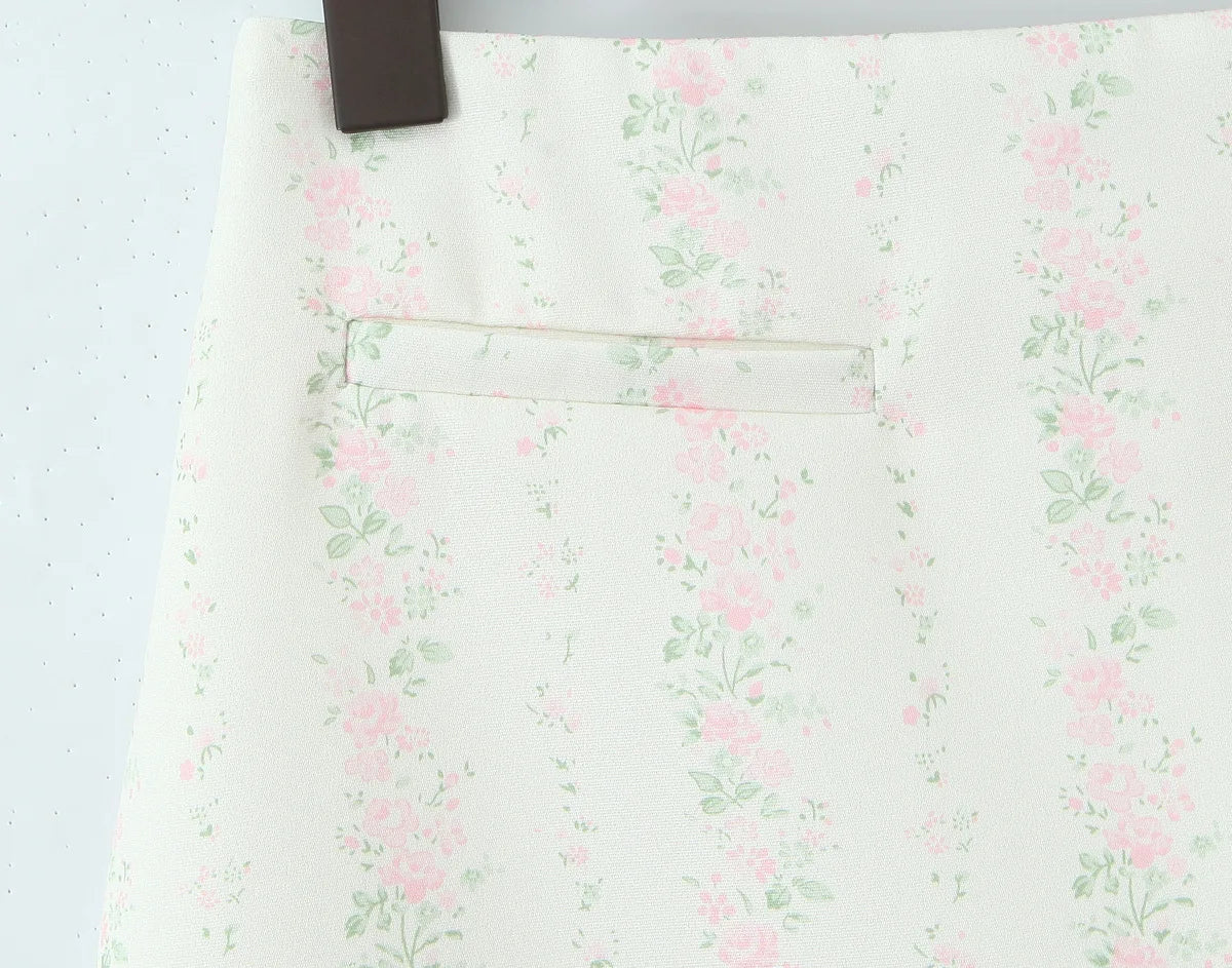 Vintage Sweet Floral Print Mini Dress Set Strapless Crop Top Bodycon Skirts Outfit