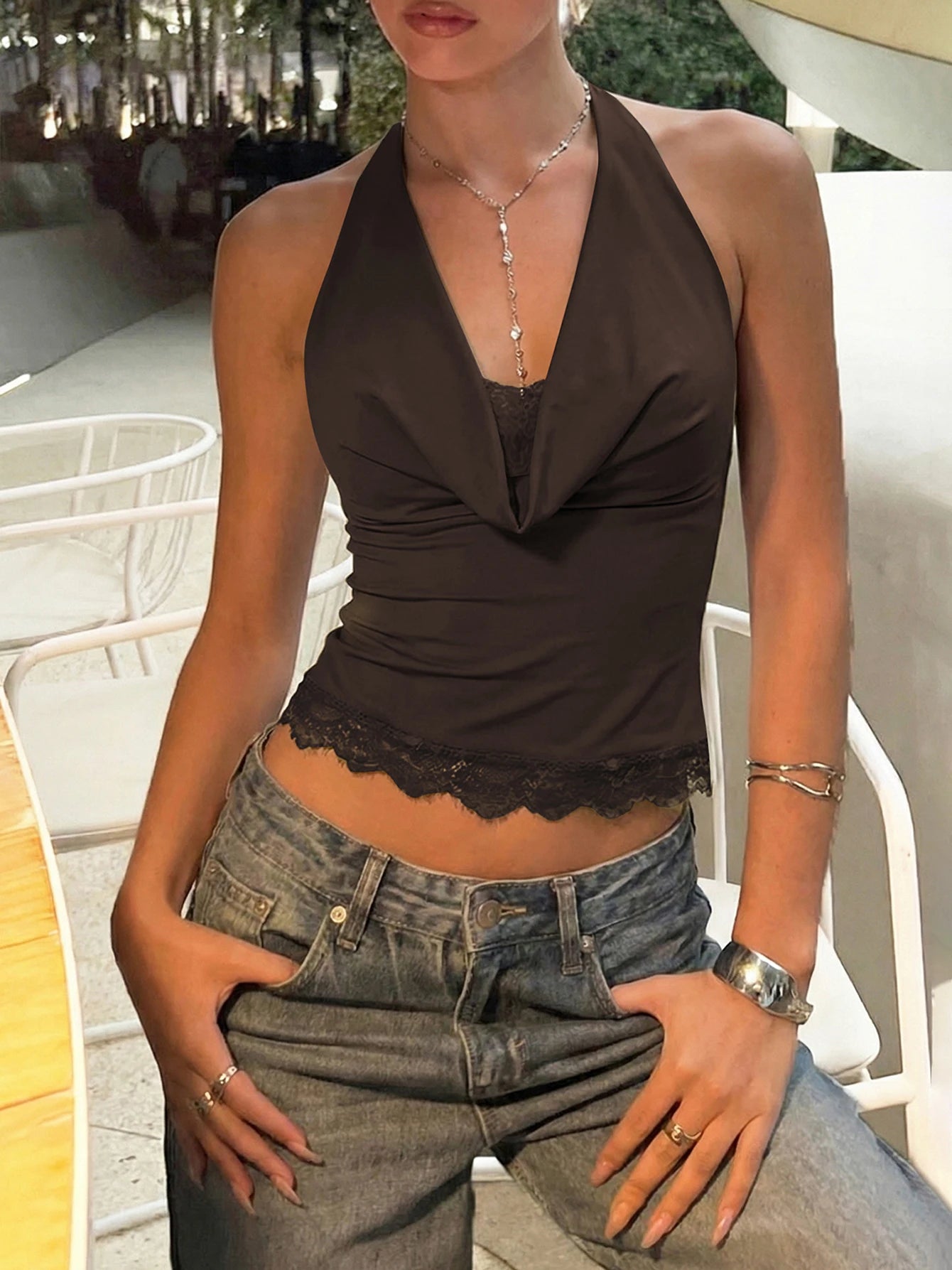 Backless Halter Knit Tank With Lace Up Details And Swing Collar