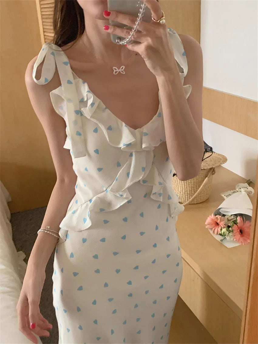 Allover Printed Dress With V Neckline Ruffles And Sleeveless Silhouette