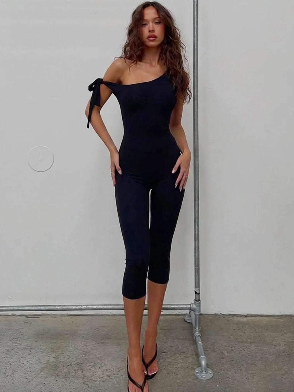 One Shoulder Backless Jumpsuit With Lace Up Detail