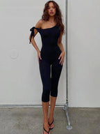 One Shoulder Backless Jumpsuit With Lace Up Detail