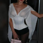 Satin Silk Patchwork V-Neck Tops Drawstring Backless Corset Waist Ruffle