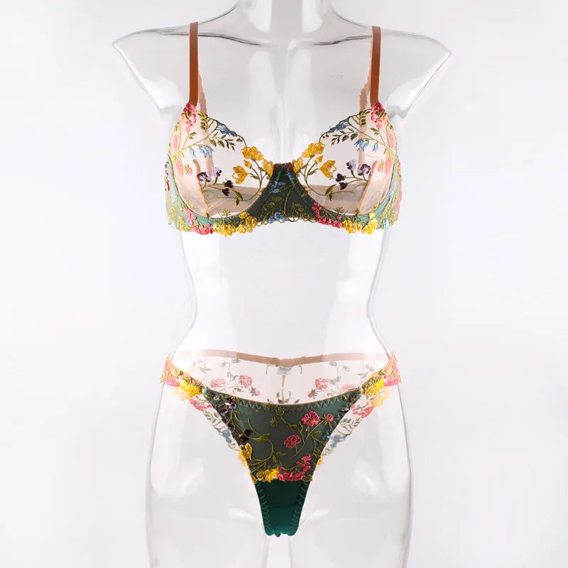 Countryside Embroidered Lingerie Set With Floral Patchwork Bra And Panty Details