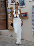 Backless Halter Dress in Color Block Lace Up
